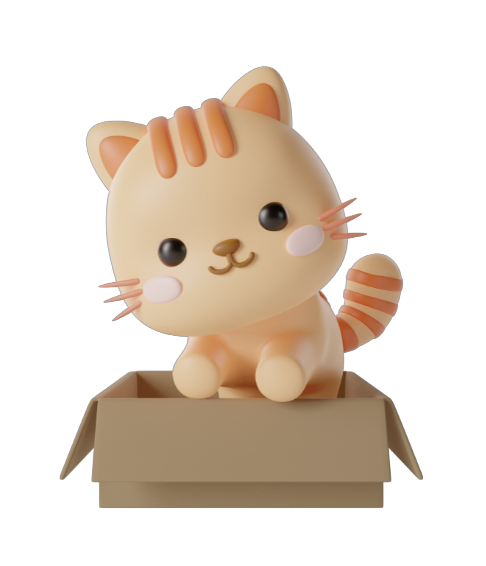 Image en 3D d'un chat très mignon en train de sortir d'un carton.